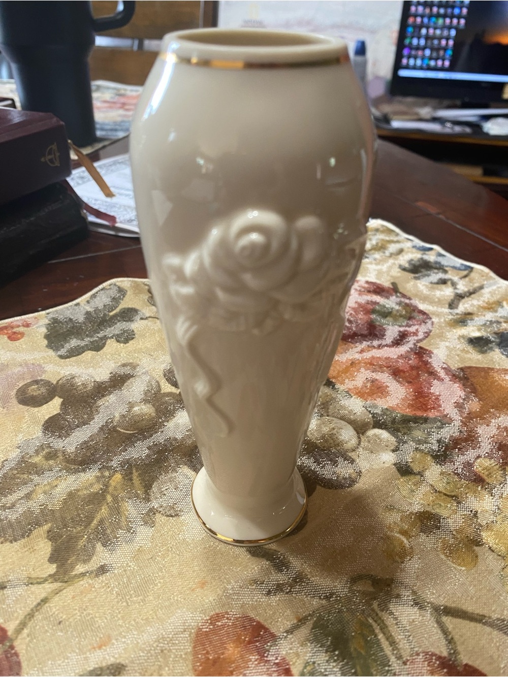 Lenox Vintage Rose Porcelain Relief Vase with 14K gold trim.